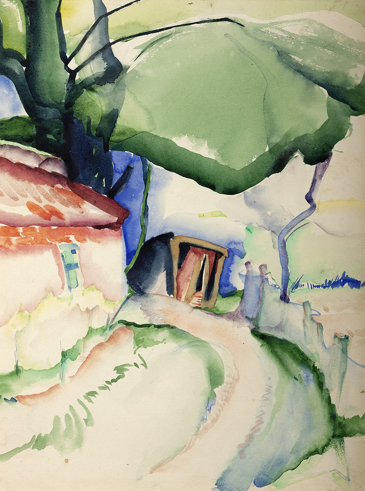 Weggetje met schuur en heuvels